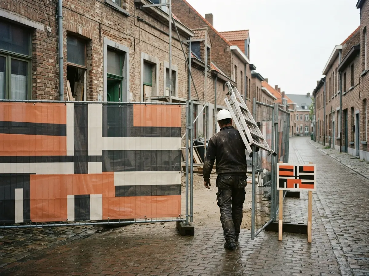 Een werf met een hekwerkbanner en een werfbord in kleurvlakken, een vakman draagt een ladder naar binnen