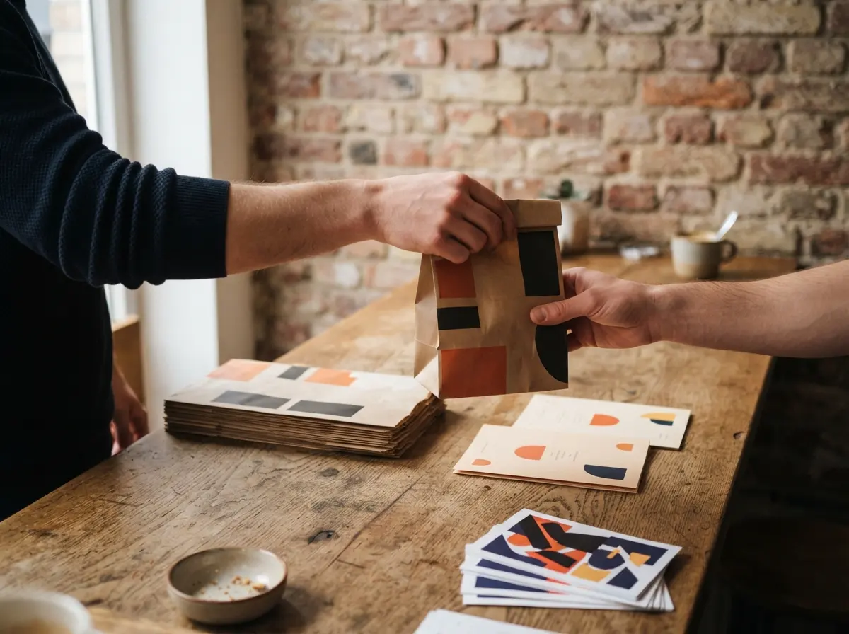 De toog van een broodjeszaak met bedrukte zakken, menukaarten en flyers, een hand reikt een zak aan