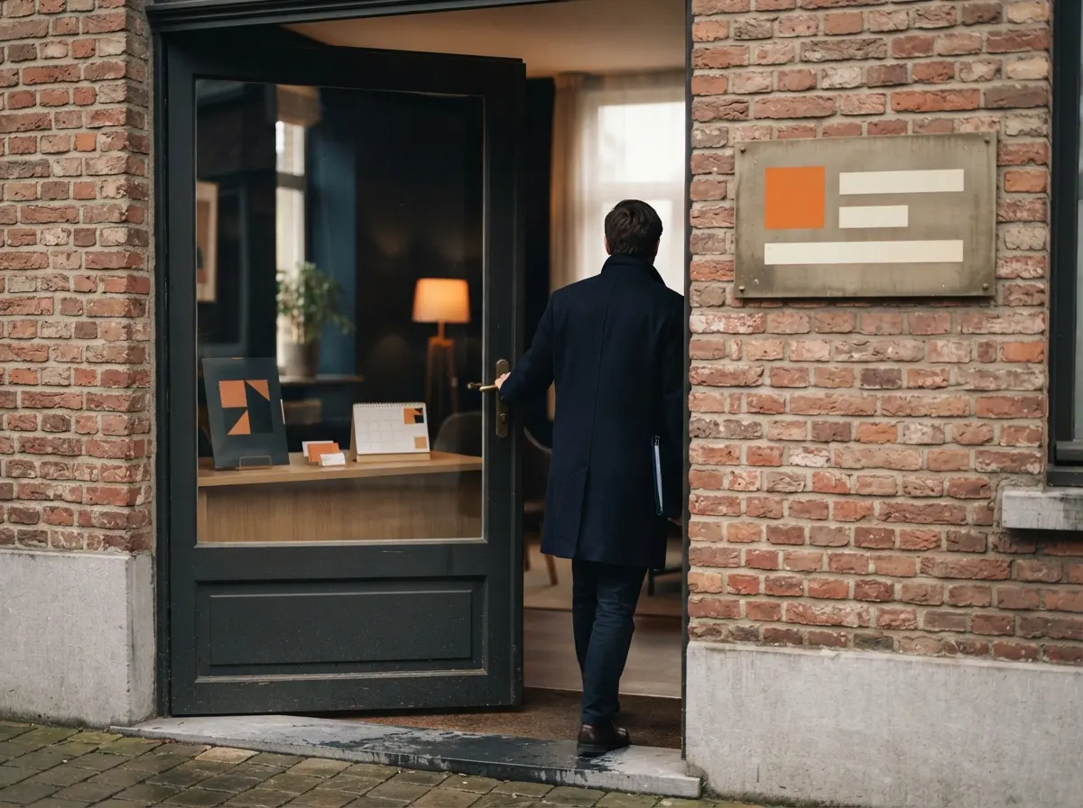 De ingang van een kantoor met een naambord in kleurvlakken, iemand stapt binnen met een map onder de arm