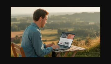 Webdesigner werkt buiten op laptop in de zomer in Limburg - P3Media Beringen website optimalisatie