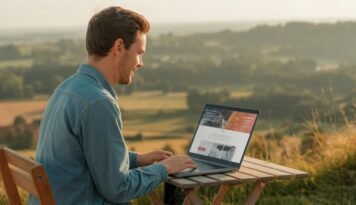 Webdesigner werkt buiten op laptop in de zomer in Limburg - P3Media Beringen website optimalisatie