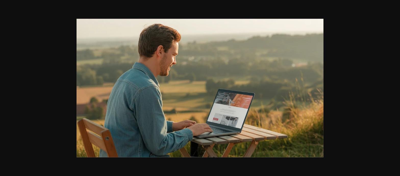 Webdesigner werkt buiten op laptop in de zomer in Limburg - P3Media Beringen website optimalisatie