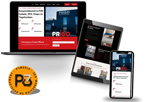 Een laptop, tablet en smartphone tonen de website van Priso Isolatietechnieken in een responsive design, geoptimaliseerd voor elk schermformaat.