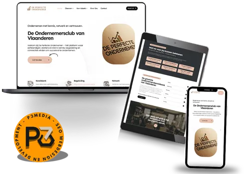 Laptop, tablet en smartphone met een website die perfect wordt weergegeven op elk scherm, met de tekst 'De Perfecte Ondernemer'. Daarnaast het P3Media logo.