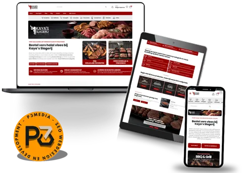 Een laptop, tablet en smartphone tonen de responsieve website van Kaya's Slagerij. De P3Media logo is zichtbaar.