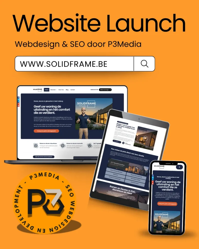 Drie schermen (laptop, tablet, smartphone) tonen de website van Solidframe, ontworpen door P3Media, met een oranje achtergrond en het P3Media logo.